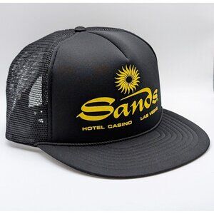 Sands Casino Hotel Las Vegas Hat Black Yellow 80s 90s Vintage VTG Trucker Foam